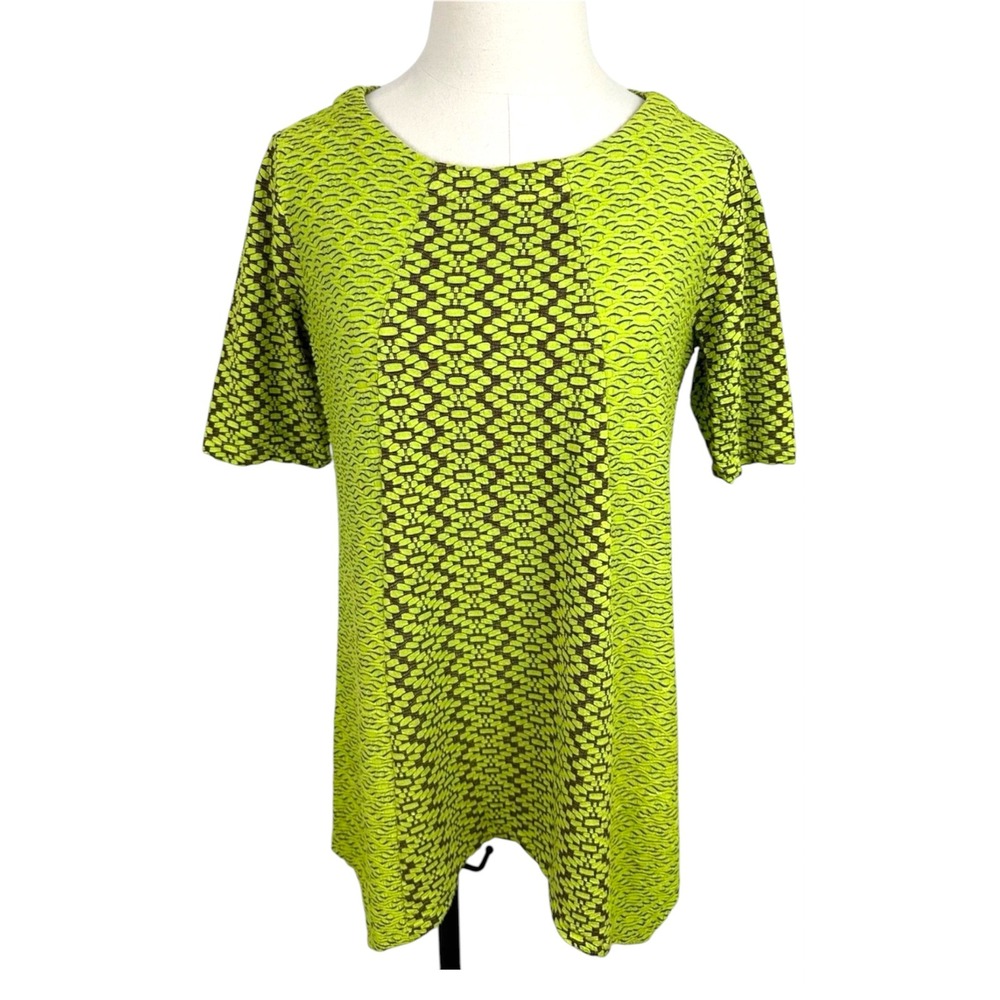 Ali Miles Shirt  Lime Green Knit Top Abstract Floral Geometric Art Mom Petite XL